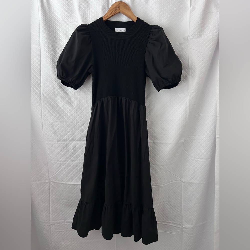 Lucy Paris Black Puff Sleeve Midi Dress